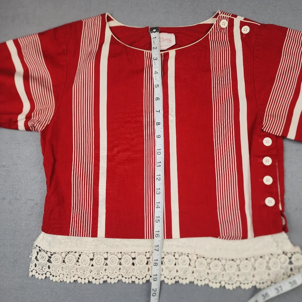 Vintage Petite Lanz Red Cream Stripe Blouse Lace - Picture 10 of 12